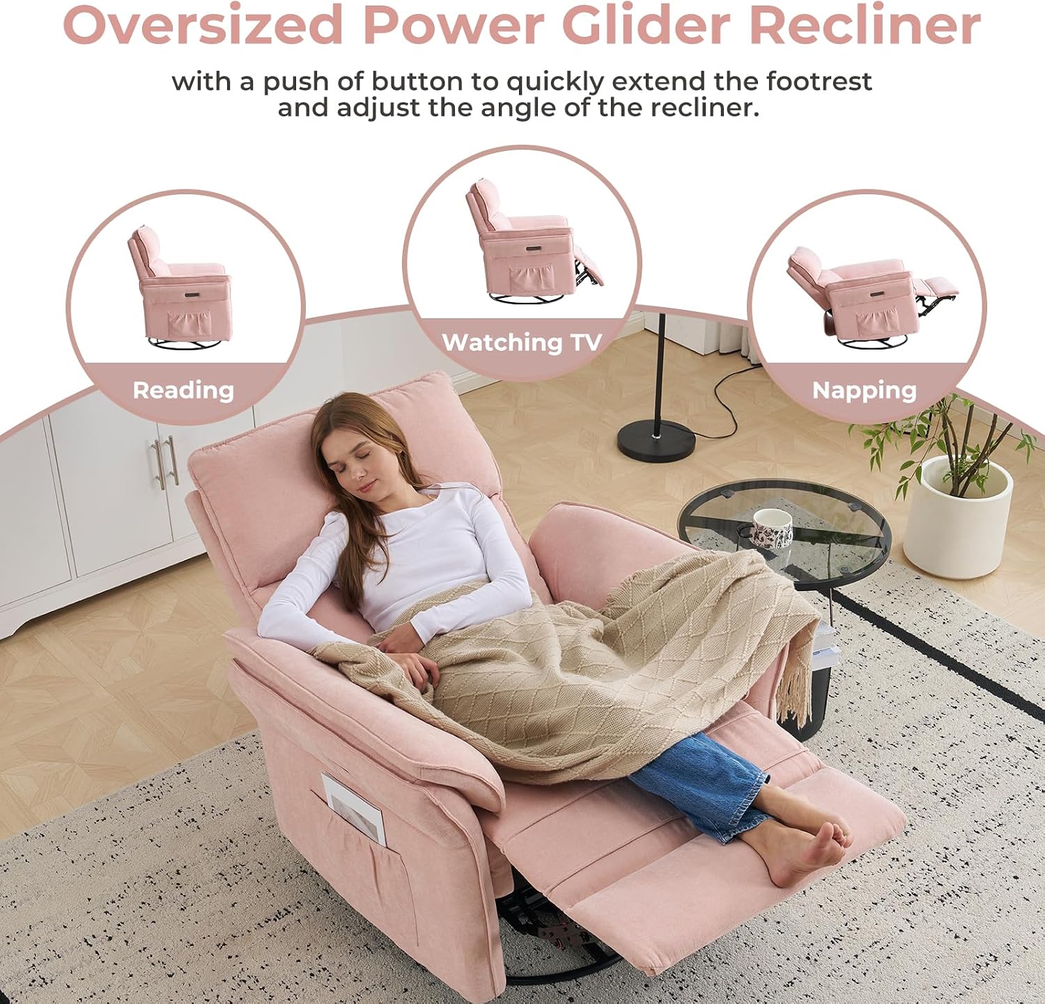 Power Swivel Rocker Recliner, Glider Recliner Nursery Chair with Massage and Heat, Nursery Rocking Chairs with Adjustable Headrest for Living Room，USB Ports,Side Pockets,Chenille Pink
