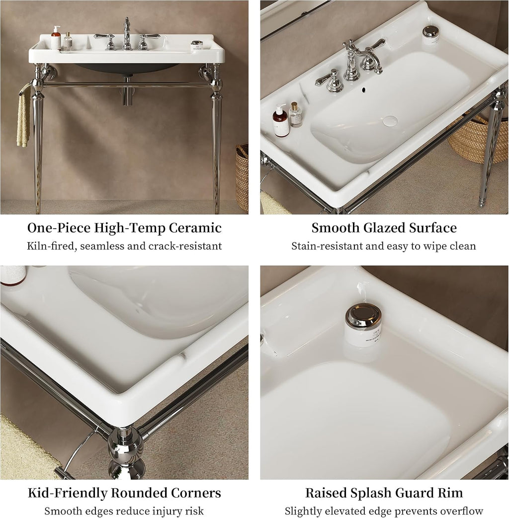 28 Inch Console Bathroom Vanity with Ceramic Sink, Open-Frame Stainless Steel Legs with Towel Bar, 3 Faucet Holes, Wall-Mounted Support, No Faucet (Silver Frame | White Sink)