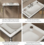 28 Inch Console Bathroom Vanity with Ceramic Sink, Open-Frame Stainless Steel Legs with Towel Bar, 3 Faucet Holes, Wall-Mounted Support, No Faucet (Silver Frame | White Sink)