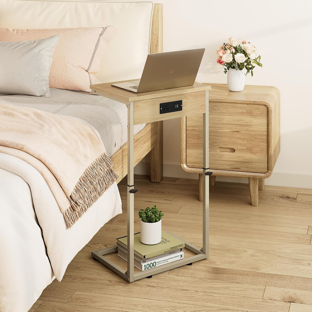 Vagusicc C Shaped End Table with Charging Station, Adjustable Height Side Table for Couch, Small Side Table, 33.2'' Tall Couch Tables that Slide Under, Tv Tray End Table for Living Room, Natural