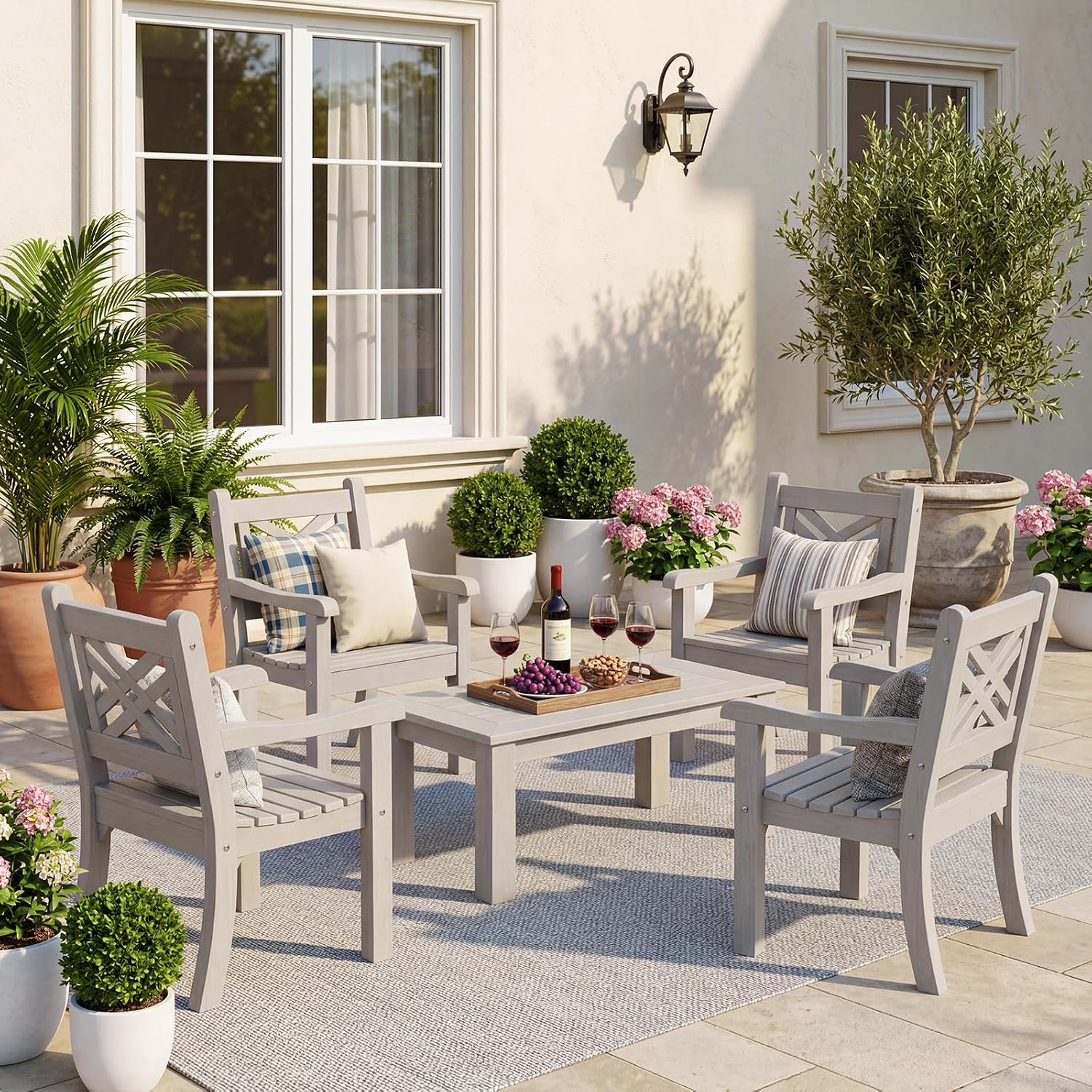 Psilvam Poly Lumber Outdoor Patio Chair with Arms, Weather Resistant Farmhouse Dining Chair with Cross Back, All-Weather Garden Chair, Low Maintenance Outdoor Seating for Backyard Deck Porch, Gray