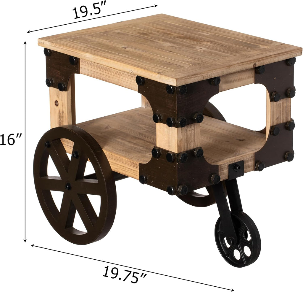 Vintiquewise Farmhouse Wagon-Style End Table with Storage Shelf & Rolling Wheels Vintage Wood Accent Table for Living Room Bedroom or Entryway Compact Decorative Multi-Functional & Stylish Display
