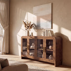 Curved Buffet Storage Cabinet, 59.7" Modern Sideboard with 4 Glass Doors & Adjustable Shelves, Wood Coffee Bar Console Table, Kitchen Cabinet Office Credenza, Hallway, Dark Burl