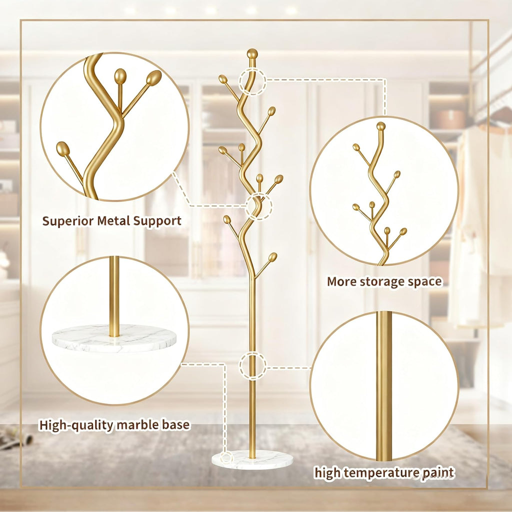 68.9 Inch Tall Modern Coat Rack,Gold Freestanding Coat Rack Tree,Heavy-Duty Metal Coat Rack Freestanding with Sturdy Marble Base for Entryway,Hallway,Bedroom,Holds Coats Hats Bags Scarves
