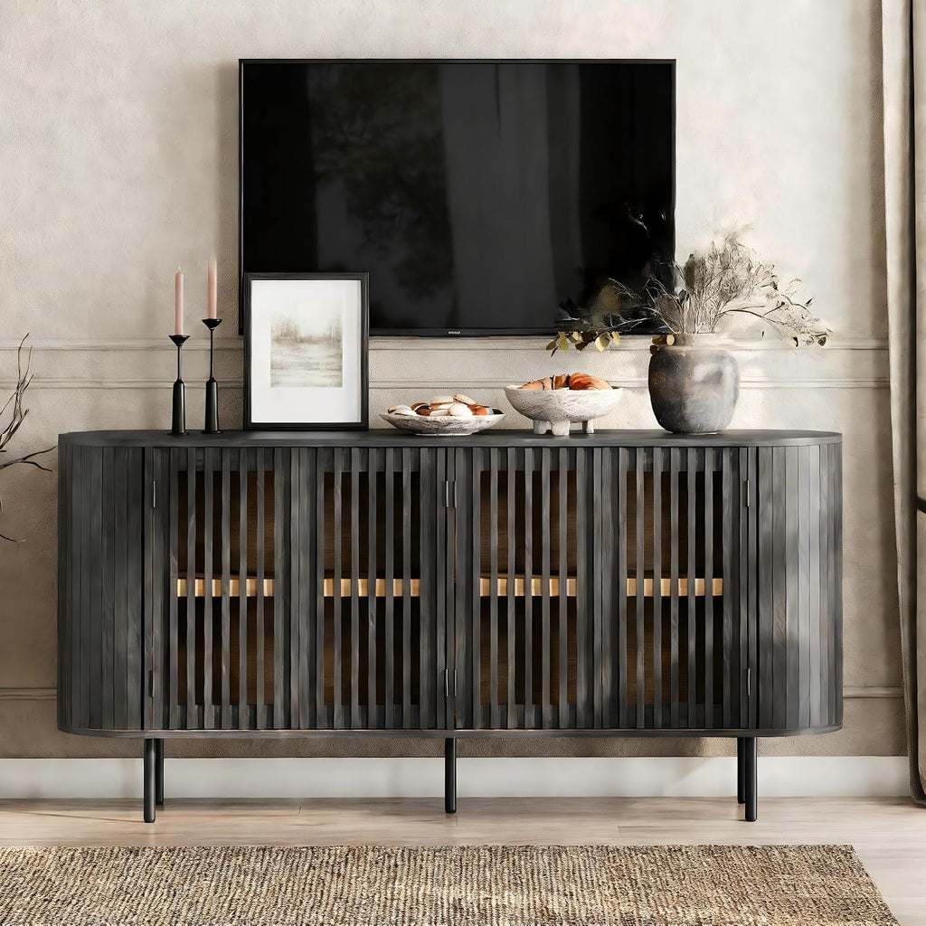 WAMPAT Fluted Sideboard Buffet Cabinet, 65" Mid Century Modern Credenza Storage Cabinet with 4 Pop-Up Doors, Wood Accent Kitchen Buffet Table for Dining Room,Living Room, Entryway, Black