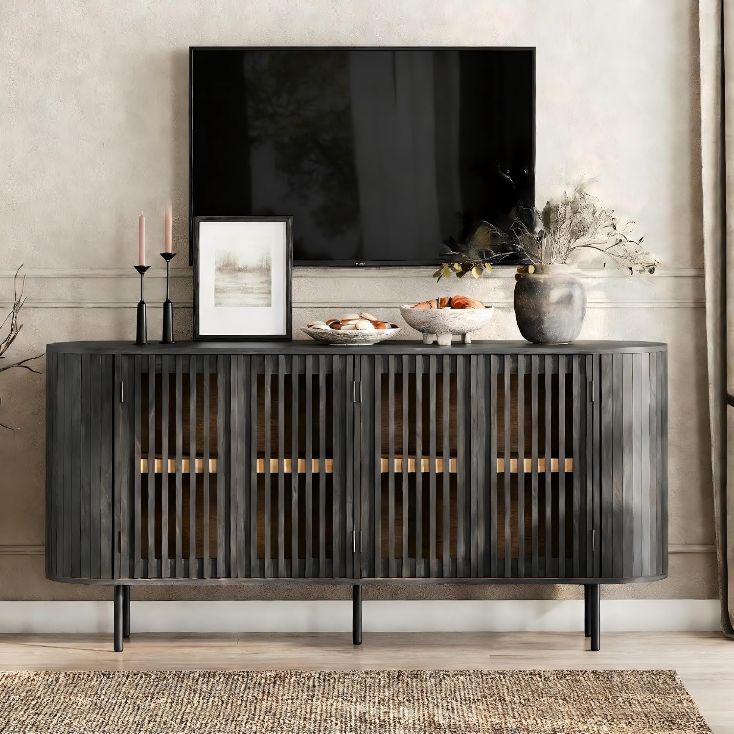 WAMPAT Fluted Sideboard Buffet Cabinet, 65" Mid Century Modern Credenza Storage Cabinet with 4 Pop-Up Doors, Wood Accent Kitchen Buffet Table for Dining Room,Living Room, Entryway, Black