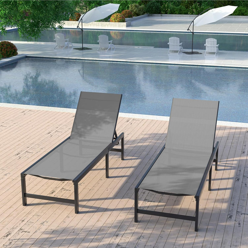 UDPATIO 3 Pieces Pool Lounge Chair Outdoor Chaise Chairs w/Table Adjustable 5-Position Recliner Poolside Sunloungers Lay Flat Sunbathing Chaise with Backrest for Patio,Beach,Yard
