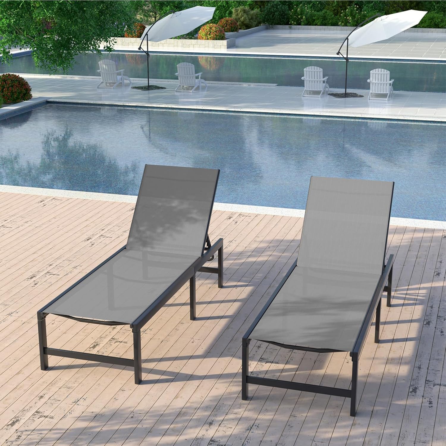 UDPATIO 3 Pieces Pool Lounge Chair Outdoor Chaise Chairs w/Table Adjustable 5-Position Recliner Poolside Sunloungers Lay Flat Sunbathing Chaise with Backrest for Patio,Beach,Yard