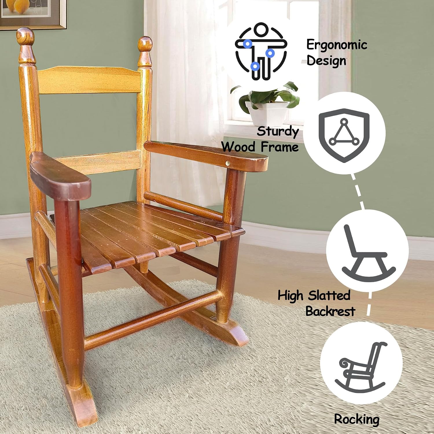 HRVEOCEI Kids Rocking Chair Ages 3-5, Wooden Porch Rocker with Slatted Back Support for Living Room Indoor & Outdoor, Easy Assembly (Oak)