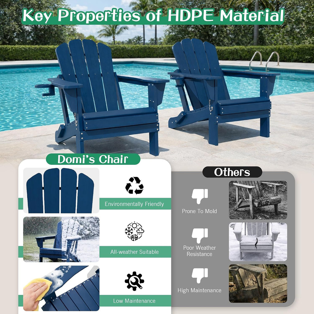 Domi Folding Adirondack Chair Set of 2, HDPE All-Weather Adirondack Chairs with Cup Holder, Outdoor Plastic Fire Pit Chairs Wood Texture for Poolside, Patio, Backyard, Deck (Blue)