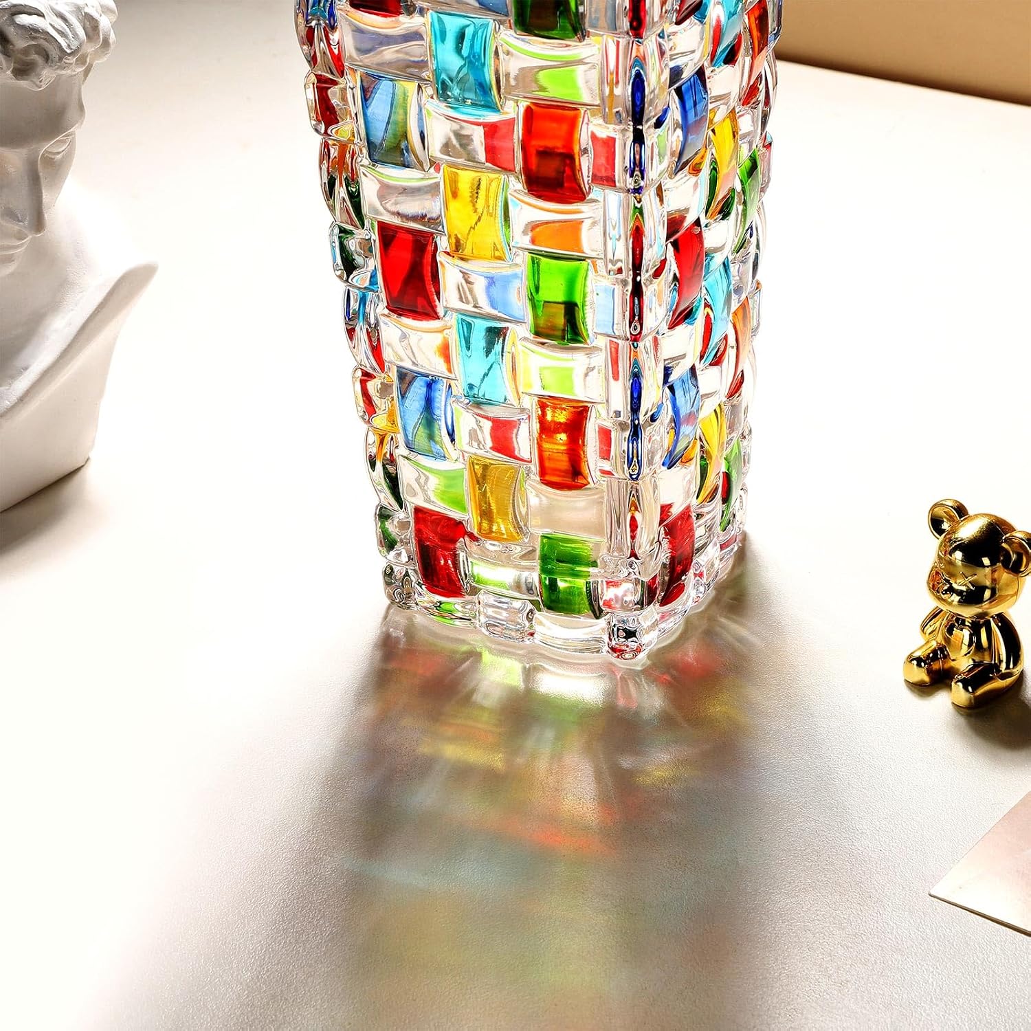 VanEnjoy 7.7 inch Colored Glass Vase Hand Blown Glass Vase for Flower Unique Mosaic Vase Flower Vase for Home Office Decor Glass Mexican Vase for Floral Arrangement Centerpieces