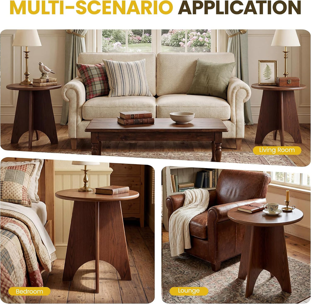 chairus Modern Sculptural Side Tables Set of 2, 17.5" Round End Table with Panel Legs, MDF Wood Veneer Accent Table, Small Sofa Side Table for Living Room Bedroom, Nightstand, Walnut