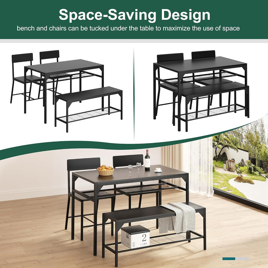 Shintenchi Kitchen Table Chairs Set of 4, Dining Table Set for 4 with Bench and Chairs, 4 Pieces Kitchen Table Set with Storage Rack & Metal Frame for Small Space, Solid Black
