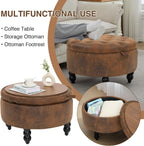 30 Inch PU Leather Round Storage Ottoman with Tray, Modern Upholstered Tufted Coffee Table with Storage, Large Ottoman Footrest Stool for Living Room, Bedroom, Dorm, Light Brown