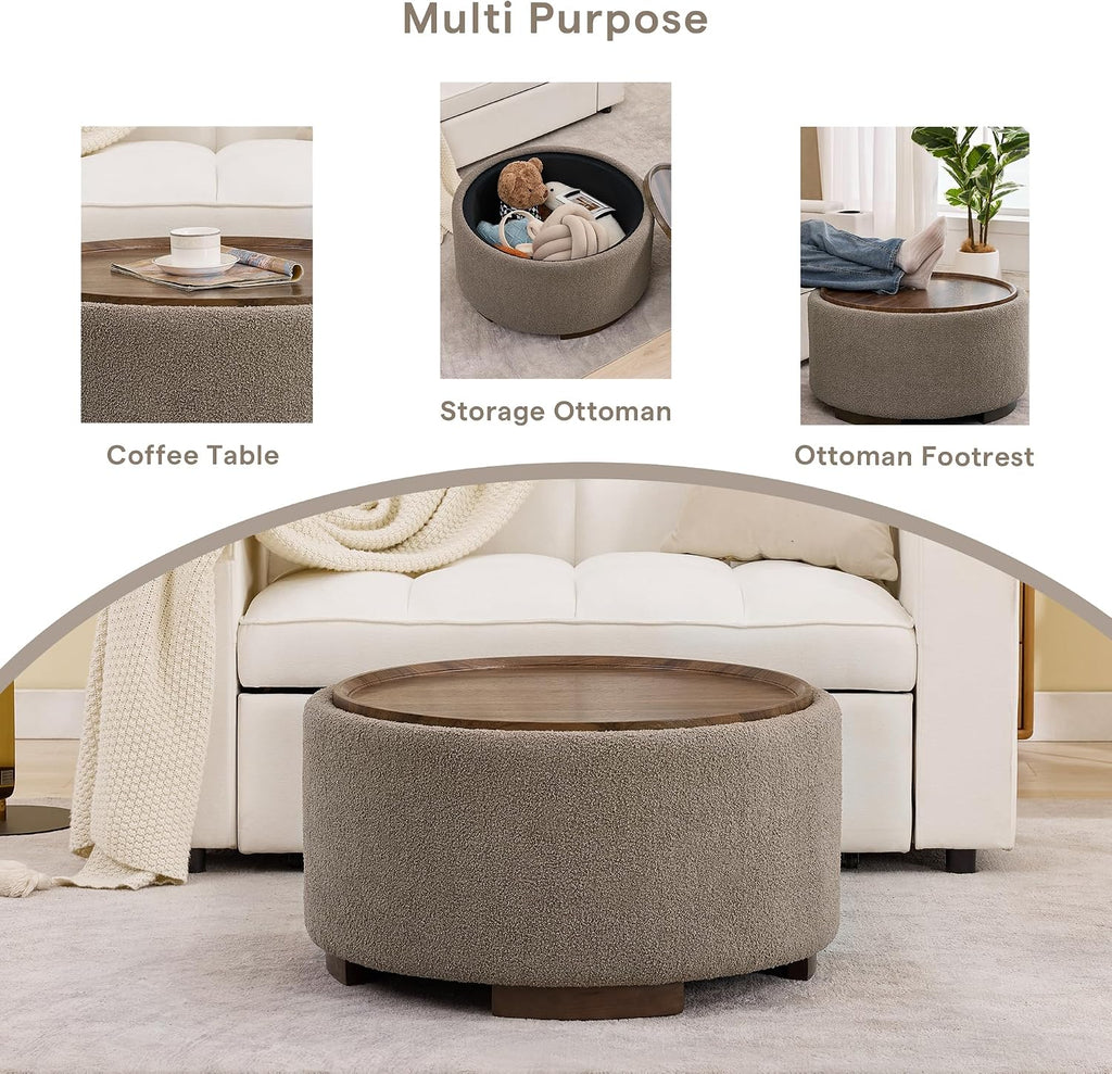 29.5 Inch Round Storage Ottoman Coffee Table,Modern Circle Coffee Table with Storage with Removable Lid Top and Solid Wood Legs,Large Round Ottoman for Bedroom,Living Room,Teddy Fleece,Brown