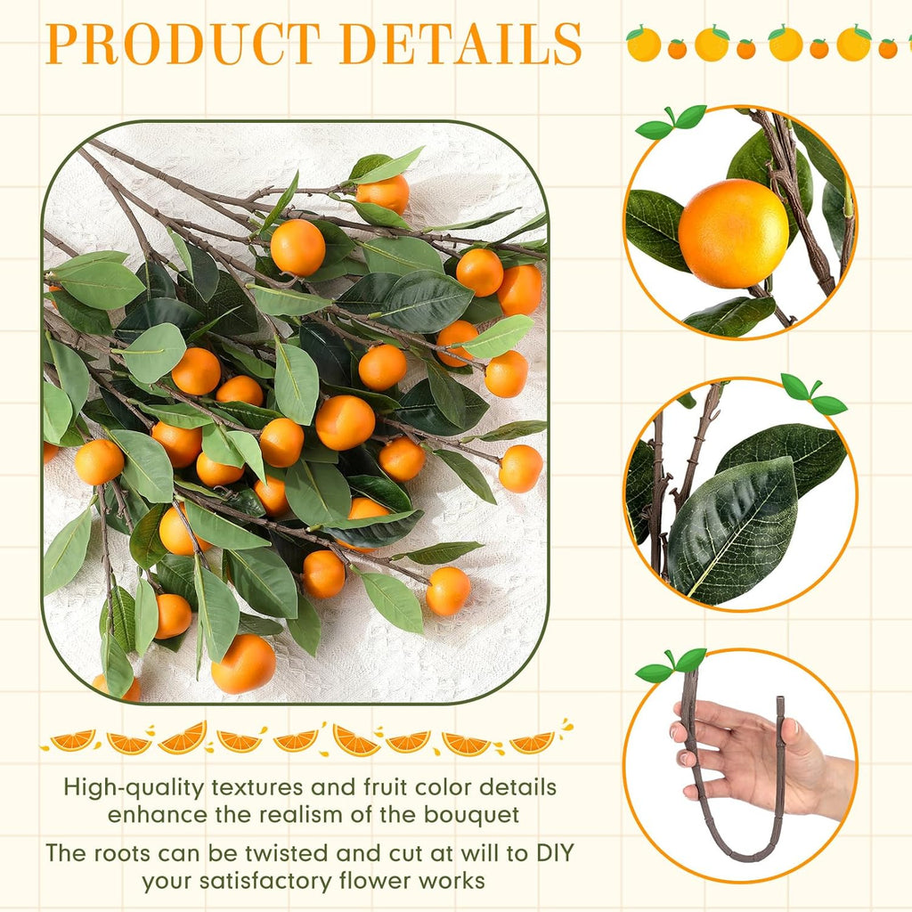 Daifunli 10 Pcs Artificial Tangerine Branches 25 Inch Realistic Faux Oranges Fruit with Green Leaves Simulation Orange Branch Decorative Kumquat Tangerine for Vase Home Party Decoration (6 Oranges)