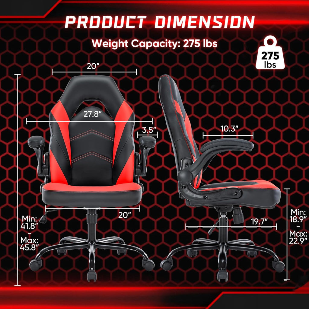 OLIXIS Computer Gaming Desk Chair - Ergonomic Video Game with Comfy Lumbar Support and headrest, PU Leather with Flip-up Arms, Adjustable Height and Swivel Wheels, for Adults, Black and Red