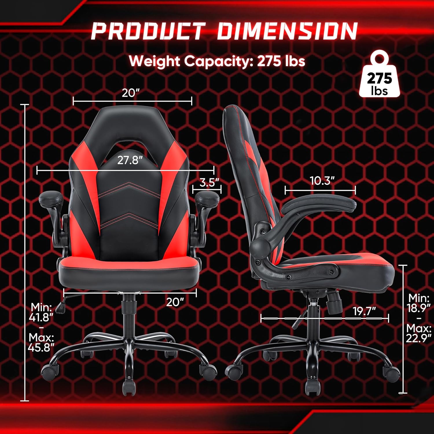 OLIXIS Computer Gaming Desk Chair - Ergonomic Video Game with Comfy Lumbar Support and headrest, PU Leather with Flip-up Arms, Adjustable Height and Swivel Wheels, for Adults, Black and Red