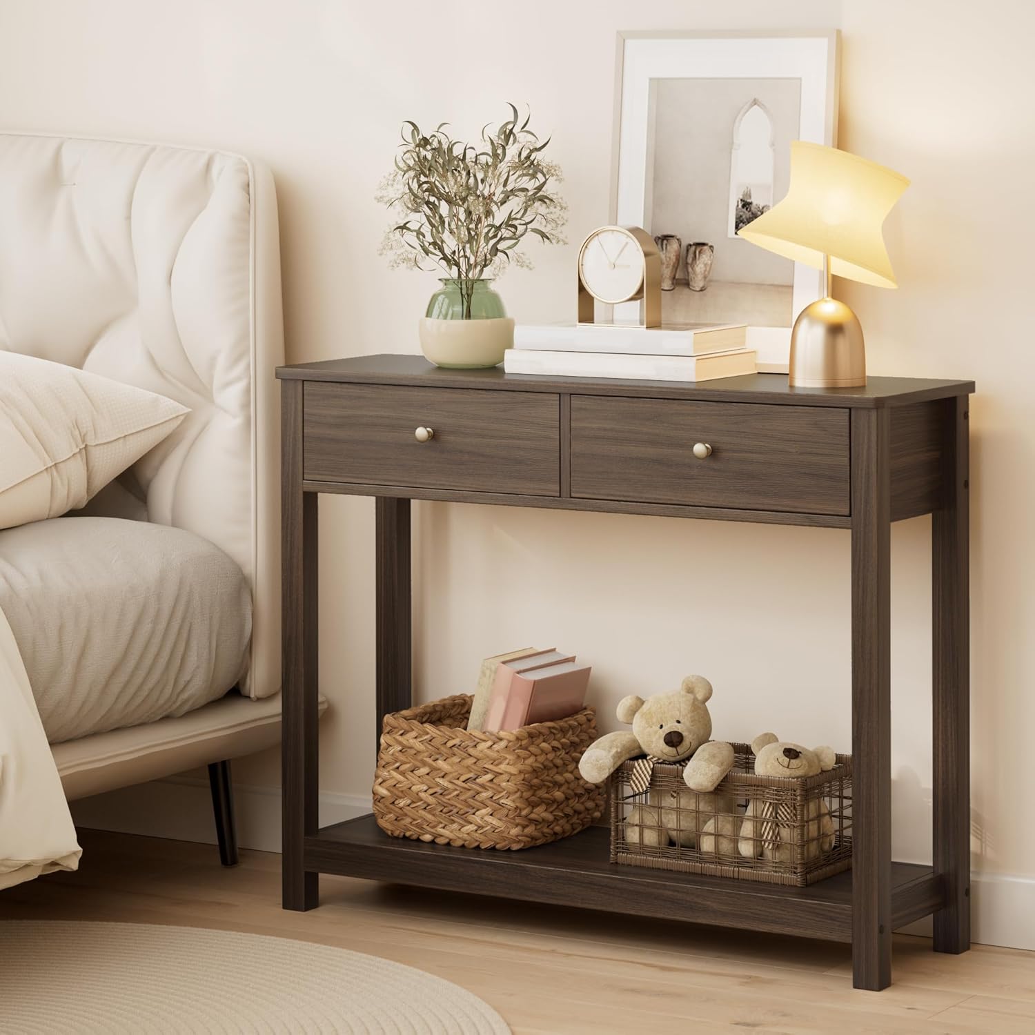 Gizoon Console Table with 2 Drawers, 2-Tier Wood Entryway Table with Storage Shelves, 39" W Wood Accent Sofa Table for Front Hall, Hallway, Living Room, Dark Brown