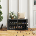 NUNU LAB Shoe Cabinet, Waterproof UV-Resistant Outdoor/Indoor Shoe Storage Cabinet with Adjustable Shelves, Shoe Organizer Bench with 2 Barn Doors for Foyer, Hallway, Living Room, Black
