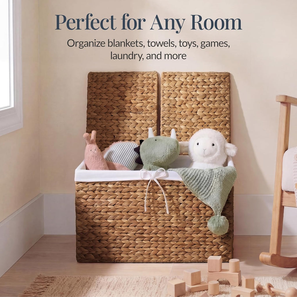 Best Choice Products Wicker Storage Basket W/ 2 Separate Lids, Rattan Woven 17.2 Gallon (65L) Basket, Foldable, Removable Washable Liner Bags for Toys, Linens, Blankets, & Laundry - Chestnut