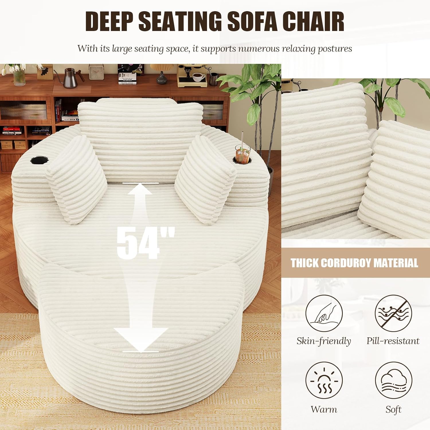 Round Chaise Lounge with Ottoman, Boneless Cloud Corduroy Curved Reading Lounge Sofa Chair with Cup Holders, Circle Memory Foam Chaise Chair and Ottoman Set for Study, Living Room, Sunroom, Beige