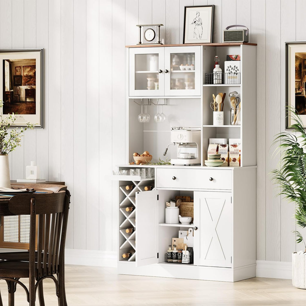 71" Kitchen Pantry Cabinet with Wine Bottle Rack and Charging Station Tall Pantry Storage Cabinet with Adjustable Shelves and Door Shelves Modern Kitchen Hutch with Microwave Stand and Countertop