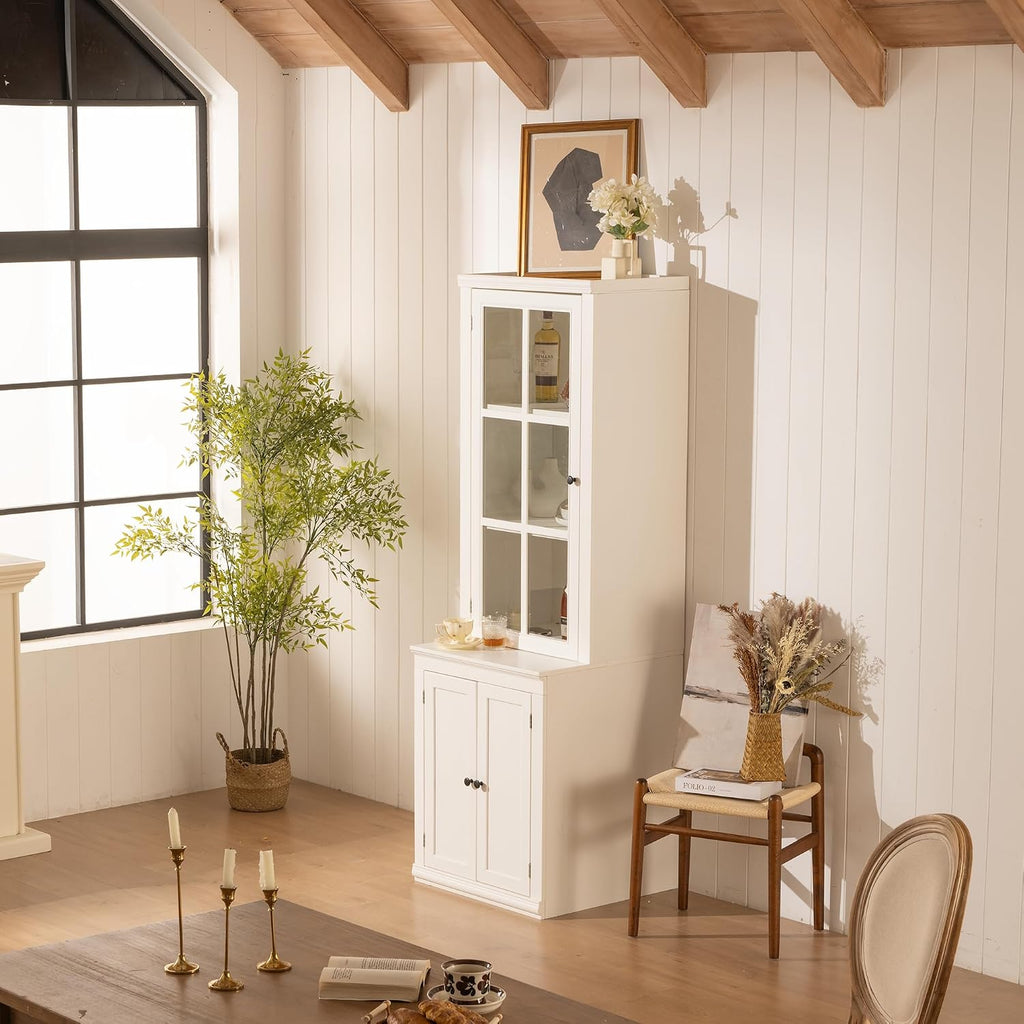 roomfitters 75.25'' Tall Pantry Cabinet with Glass Door, Farmhouse Hutch Display Cabinet with Storage for Kitchen, White