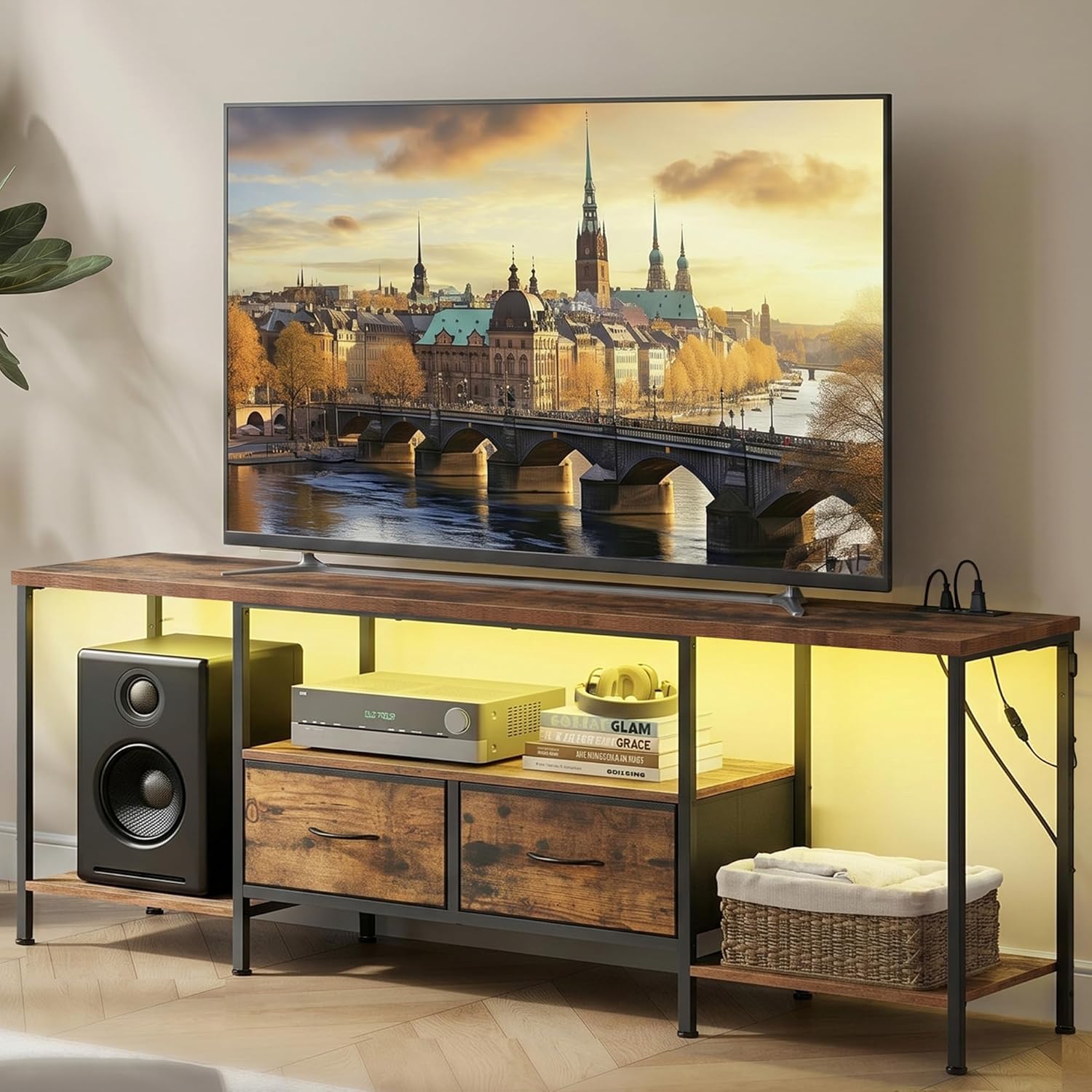 SONGMICS BELLAH Collection - TV Stand with Power Outlets and Lights, Entertainment Center Media Console for TVs Up to 70 Inches, Living Room, Shelves, Drawers, Industrial, Rustic Brown ULGS420K101S