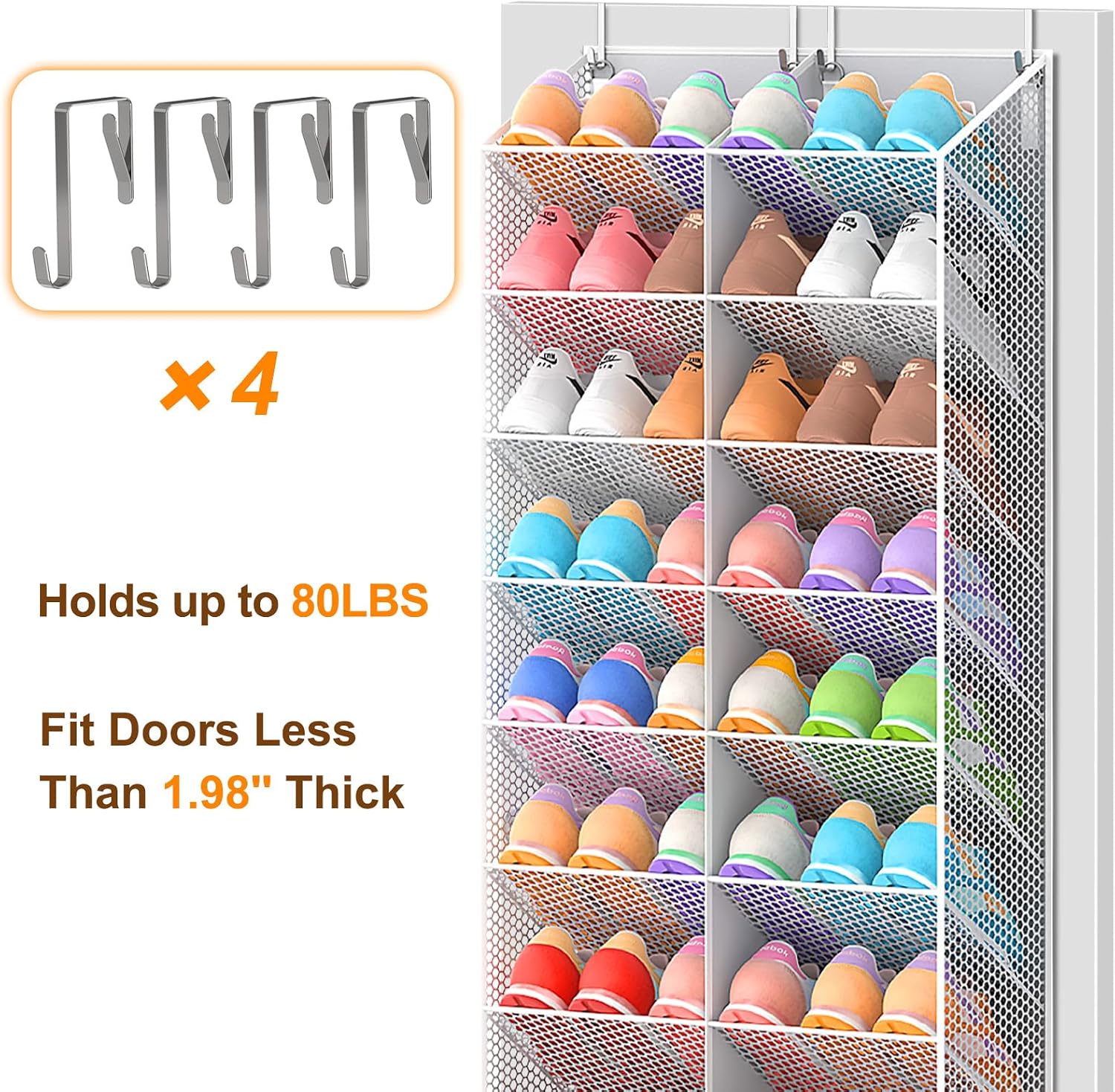 UVIAHOMI Over the Door Shoe Organizer for 30 Pairs, 10-Tier Light Grey