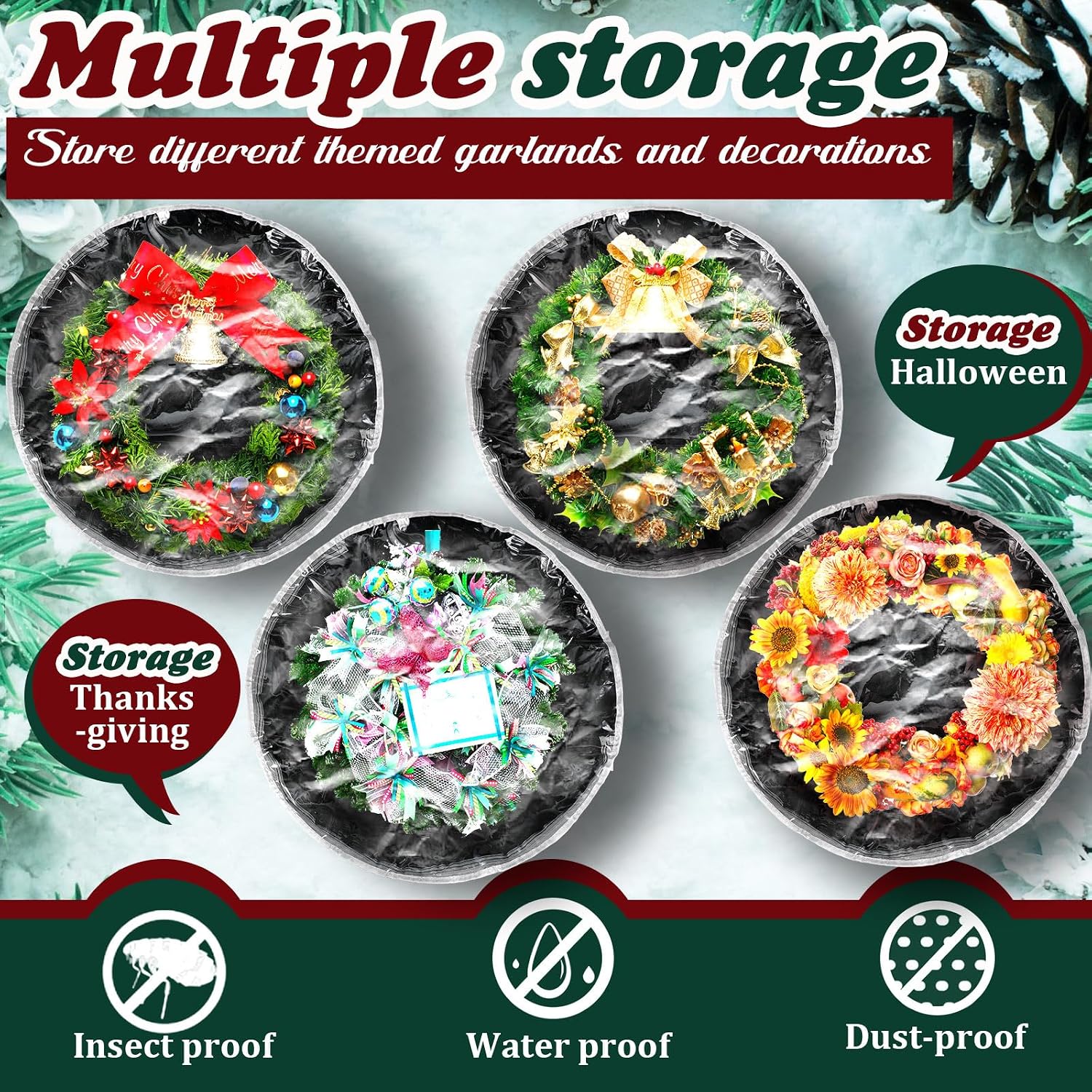 Dunzy 8 Pieces Wreath Container Christmas Wreath Storage Bag Garland Tear Resistant Fabric Round Boxes with Clear Window for Storage for Xmas Holiday Ornament(30×30×7.8 Inch,Black)