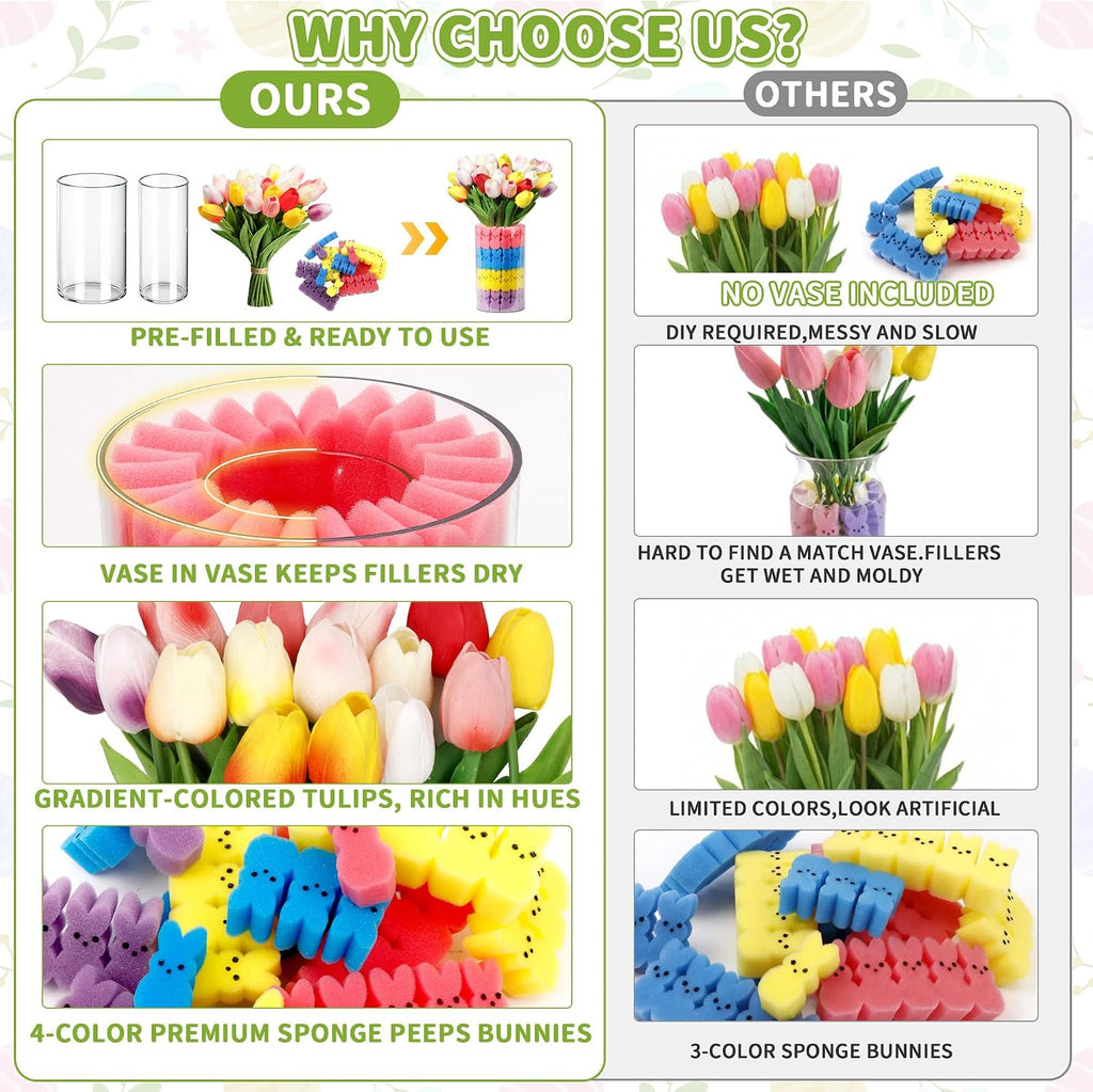 ALFEVA Easter Decorations-Vase in Vase 15pcs Artificial Tulips and 56 Peeps Bunnies Filler, Easter Vase Set Ready to Display，Spring Decorations for Home Table