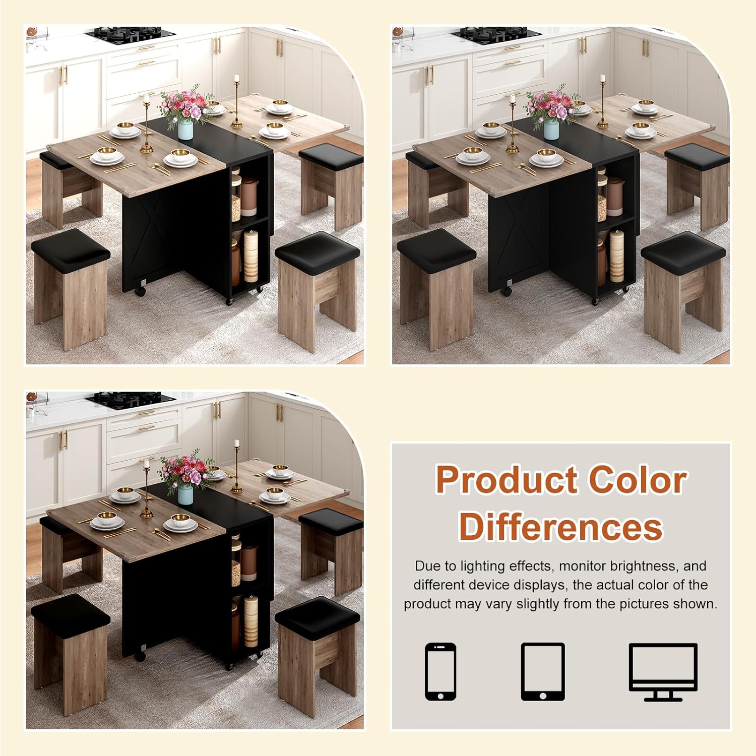 5 PCS Farmhouse Dining Table Set for 4,60" Large Folding Dining Table Set w/ 4 Leather Chairs, Drop Leaf Foldable Kitchen Table for Small Spaces,Barn Door Design,6 Wheels,2-Layer Storage Shelf,Black