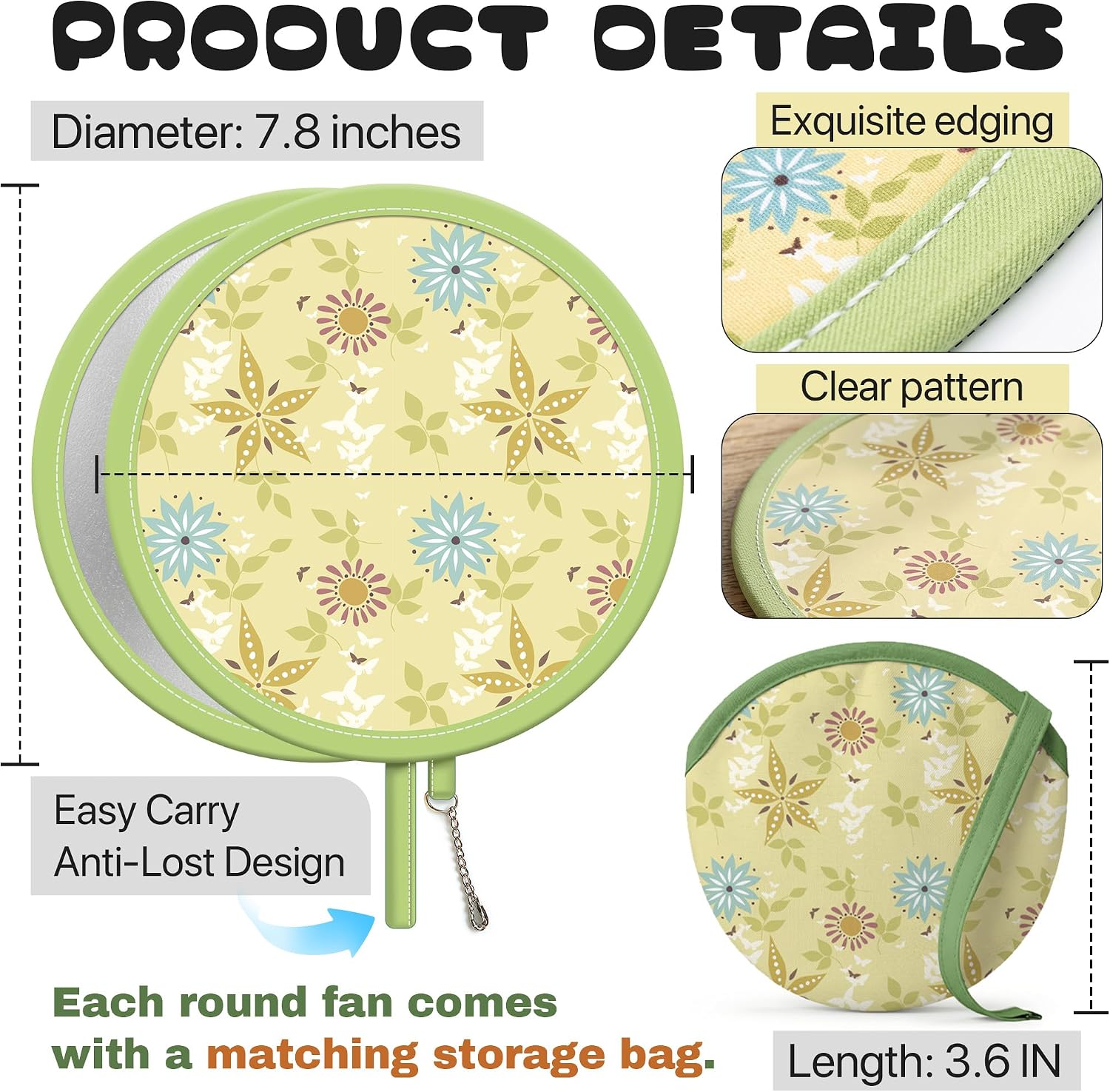 Foldable Round Hand Fans with Matching Storage Pouch, Portable Handheld Summer Cooling Fans for Women, Cute Floral Folding Fan for Travel Beach Wedding Festival Party Favors Outdoor Events (Style 1)