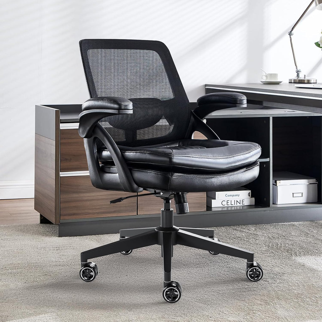 Big and Tall Office Chair, 500lbs Mesh Heavy Duty Ergonomic Desk Chair with Flip-up Armrests, Plus Size Wide Seat in PU Leather, 360 Swivel Computer Executive Task Chair for Home Office (Black)