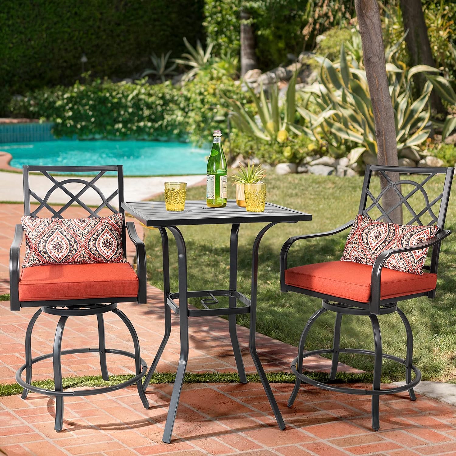 Patio Height Bar Table, Outdoor Bistro Square High Top Dining Table with 1.57'' Umbrella Hole & Steel Slat Table Top (Black)