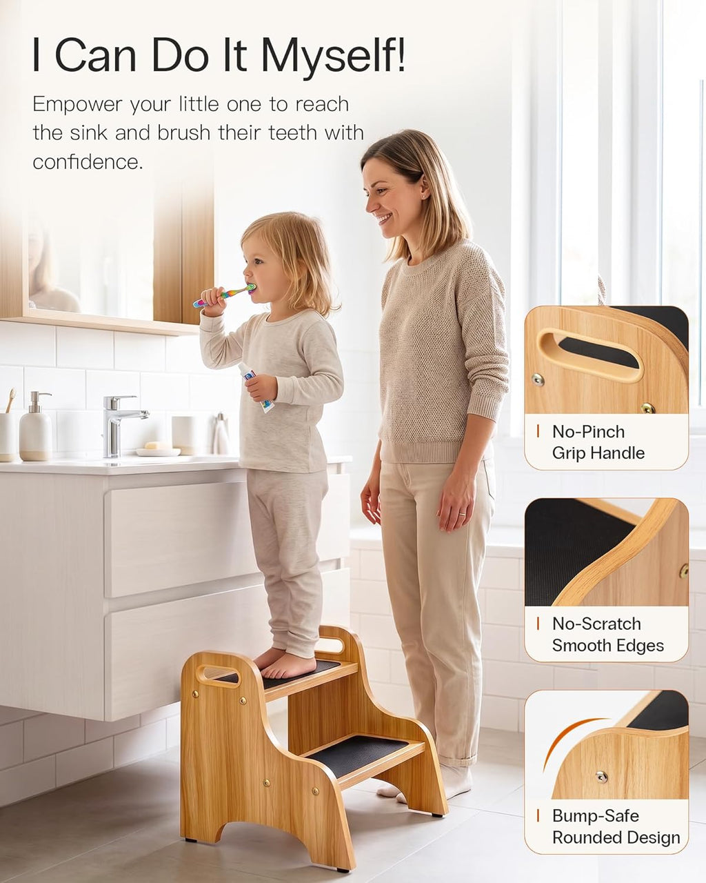 StrongTek Wooden 2-Step Stool for Kids, Non-Slip Surface with Handles, 350 lb Capacity, Toddler Step Stool for Bathroom, Kitchen and Bedroom (Natural)