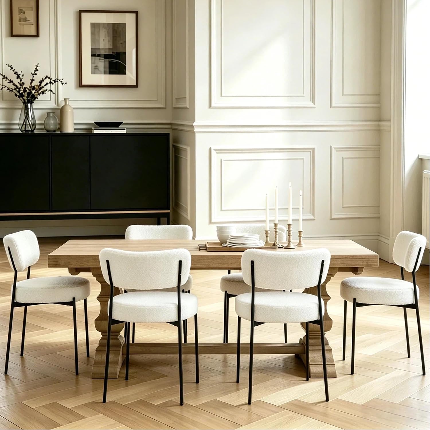 Boucle Dining Chair Set of 4, Mid Century Modern Upholstered Kitchen Chairs with Curved Backrest & Black Metal Legs, Round Dining Room Chairs, White