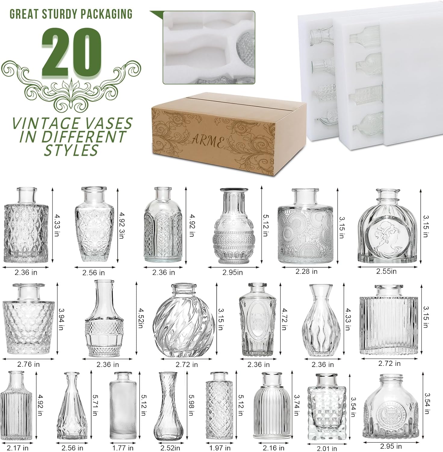 Arme Glass Bud vases in Bulk，Small Glass Flower Vase for Centerpieces 20Pcs | Small Clear Bud Vases ， Mini Vintage Vase for flowers& Rustic Wedding Decorations