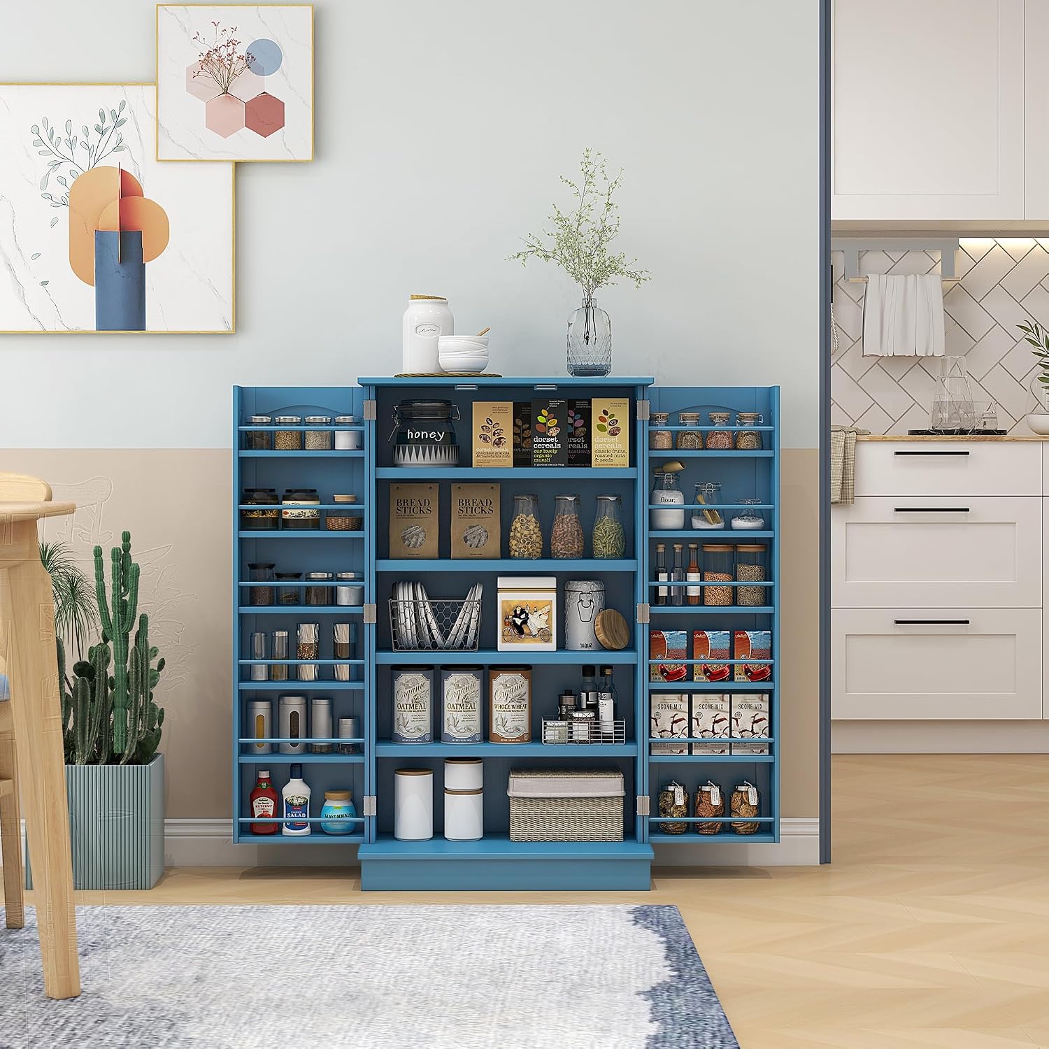 Storage Cabinet, 41" Kitchen Pantry with 12 Door Shelves and Adjustable Shelving, Double Doors, Blue