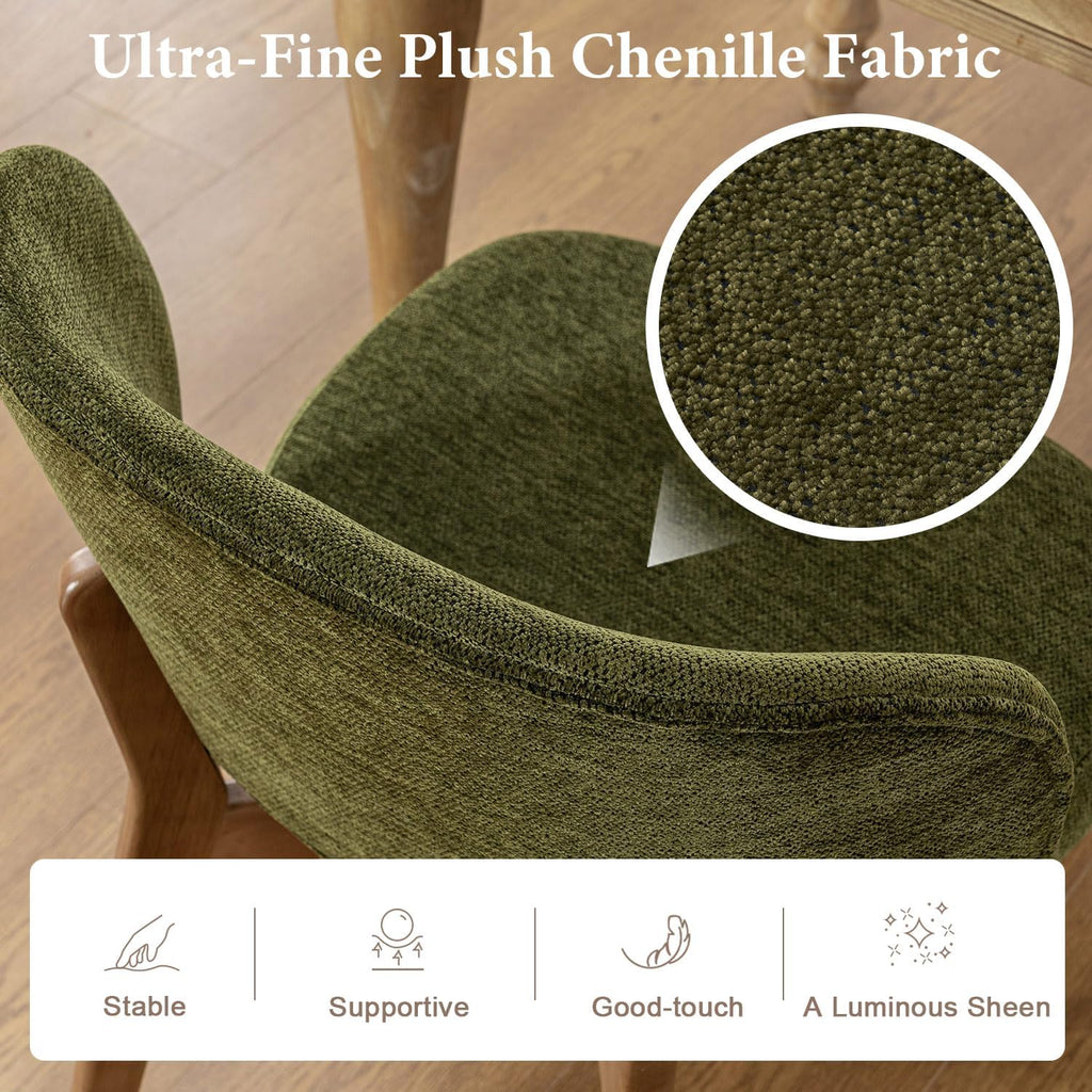 YOUNUOKE Upholstered Dining Chairs Set of 4, Modern Chenille Fabric Dining Room Chair with Wood Legs, Widen Backrest Comfy Armless Side Kitchen Chairs, Green