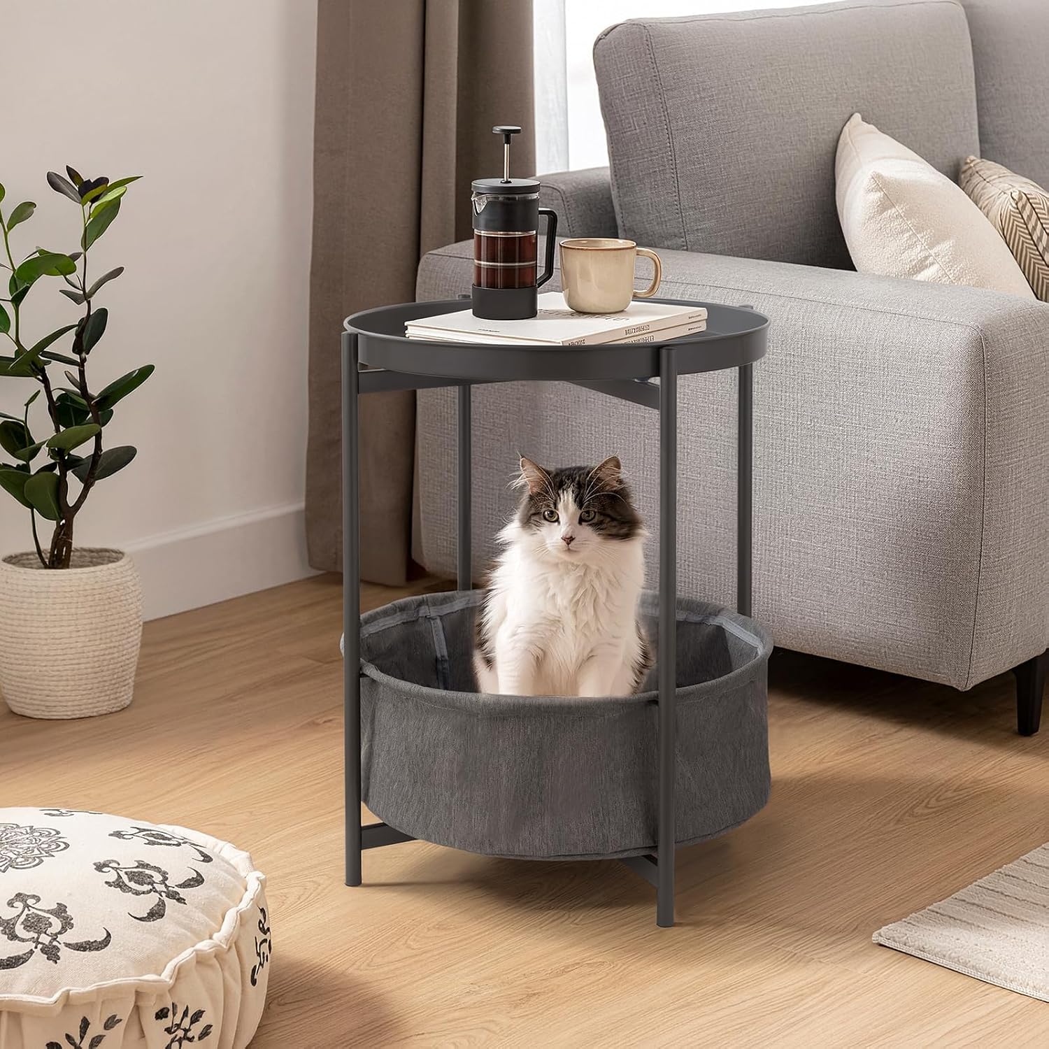 Round Side Table with Fabric Storage Basket, Metal Nightstand with Removable Tray Top, for Living Room, Bedroom, Nursery, Bathroom