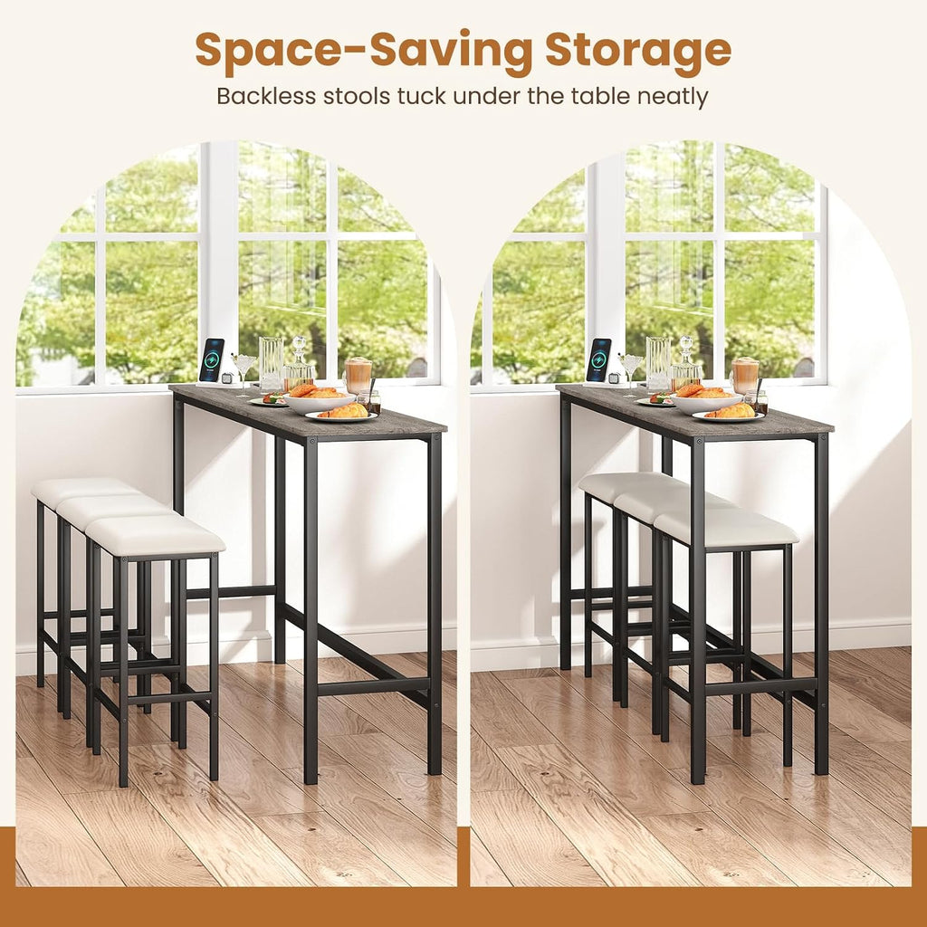 COSTWAY 4 Pieces Counter Height Bar Table Set with Power Outlet, 60" Farmhouse Modern Dining Table w/ 3 Padded Stools, Long Kitchen Island Table and Upholstered Chairs for Breakfast Nook, Small Spaces