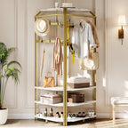 Corner Coat Rack Freestanding, 50x50x180cm Gold Metal Hall Tree with Storage Shelves & Hooks, Space-Saving 90° Corner Garment Rack for Entryway, Bedroom, Hallway, Office
