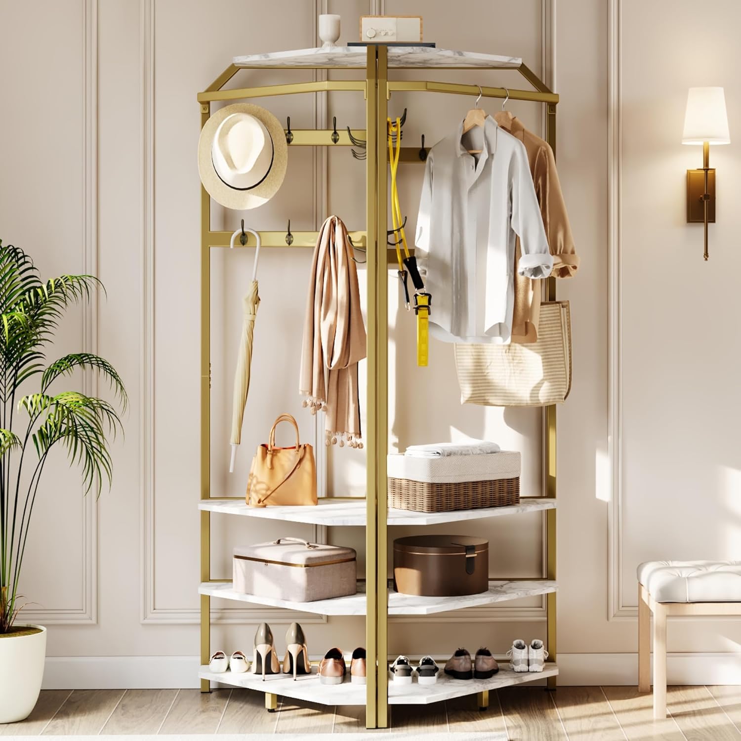 Corner Coat Rack Freestanding, 50x50x180cm Gold Metal Hall Tree with Storage Shelves & Hooks, Space-Saving 90° Corner Garment Rack for Entryway, Bedroom, Hallway, Office