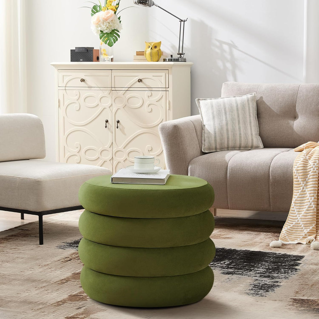 19.5 Inch Round Storage Ottoman, Modern Velvet Ottoman Coffee Table with Removable Top, Green Vanity Stool with Storage for Bedroom, Living Room, Dorm, Set of 2