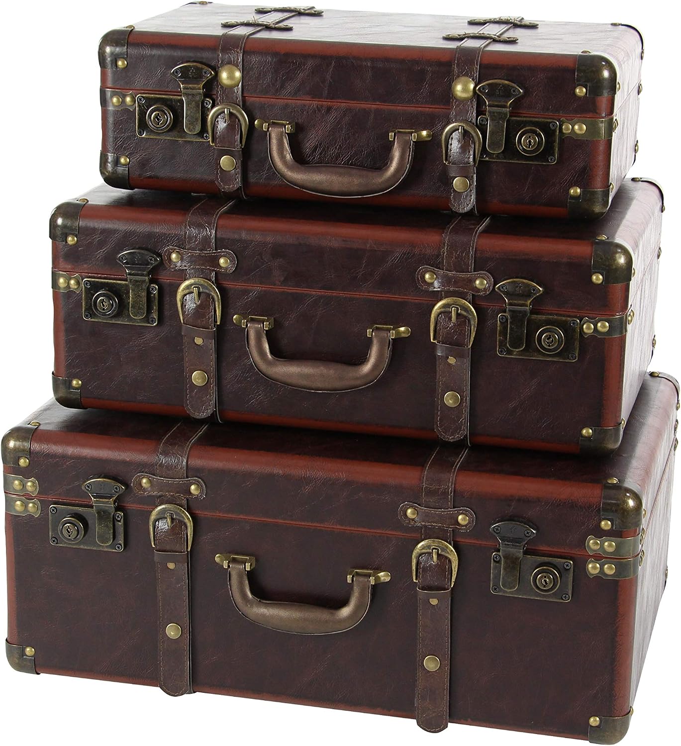 Deco 79 Faux Leather Decorative Trunk Nesting Upholstered Decorative Large Boxes with Vintage Accents and Studs, Set of 3 Storage Trunks 18", 21", 23"W, Brown