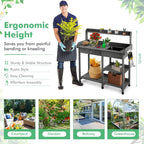 TANGZON Garden Potting Table, Wooden Potting Bench with Large Sink, Drawer, Open Shelves & 3 Hooks, Outdoor Gardening Flower Plant Workstation for Patio Balcony Yard Lawn (Grey)