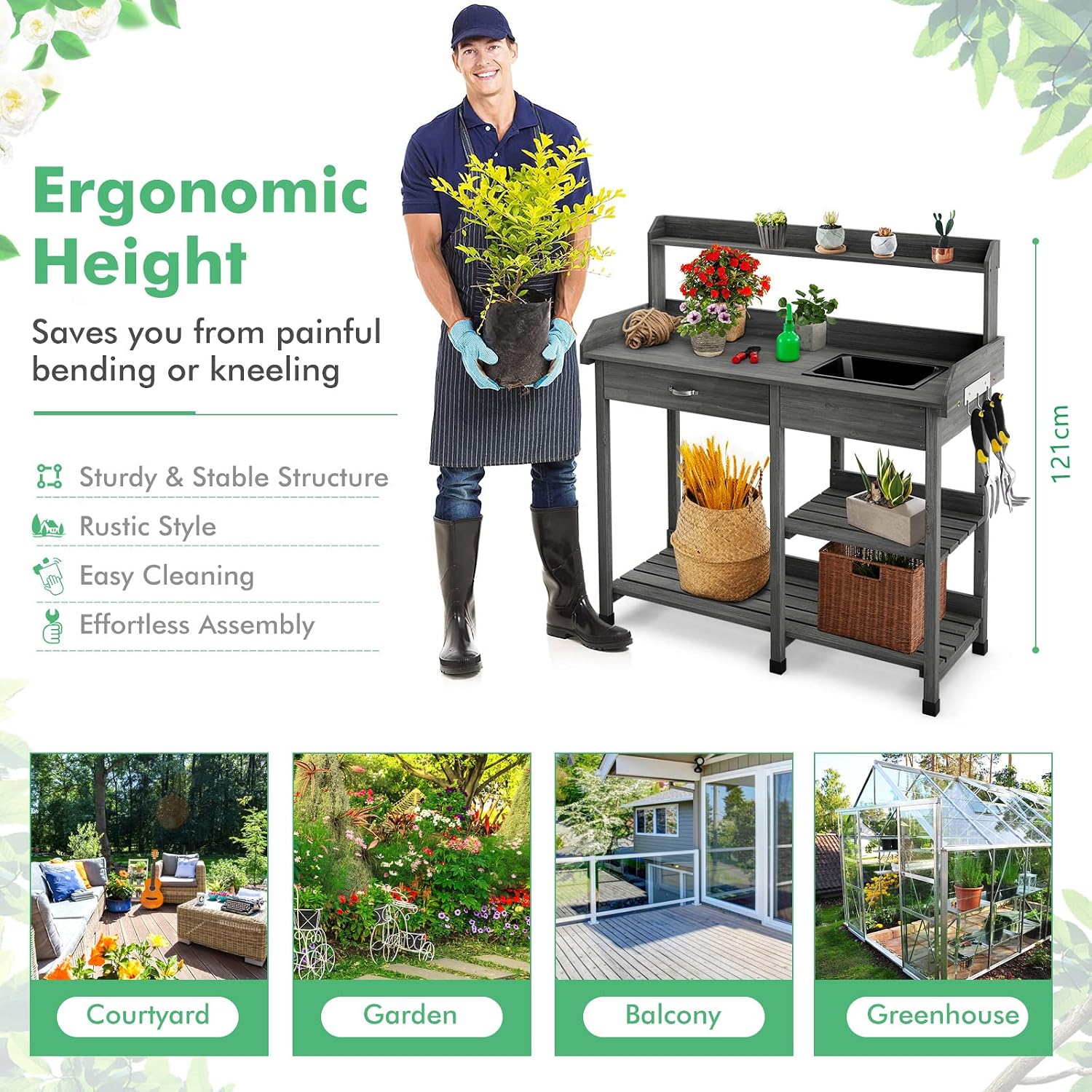 TANGZON Garden Potting Table, Wooden Potting Bench with Large Sink, Drawer, Open Shelves & 3 Hooks, Outdoor Gardening Flower Plant Workstation for Patio Balcony Yard Lawn (Grey)