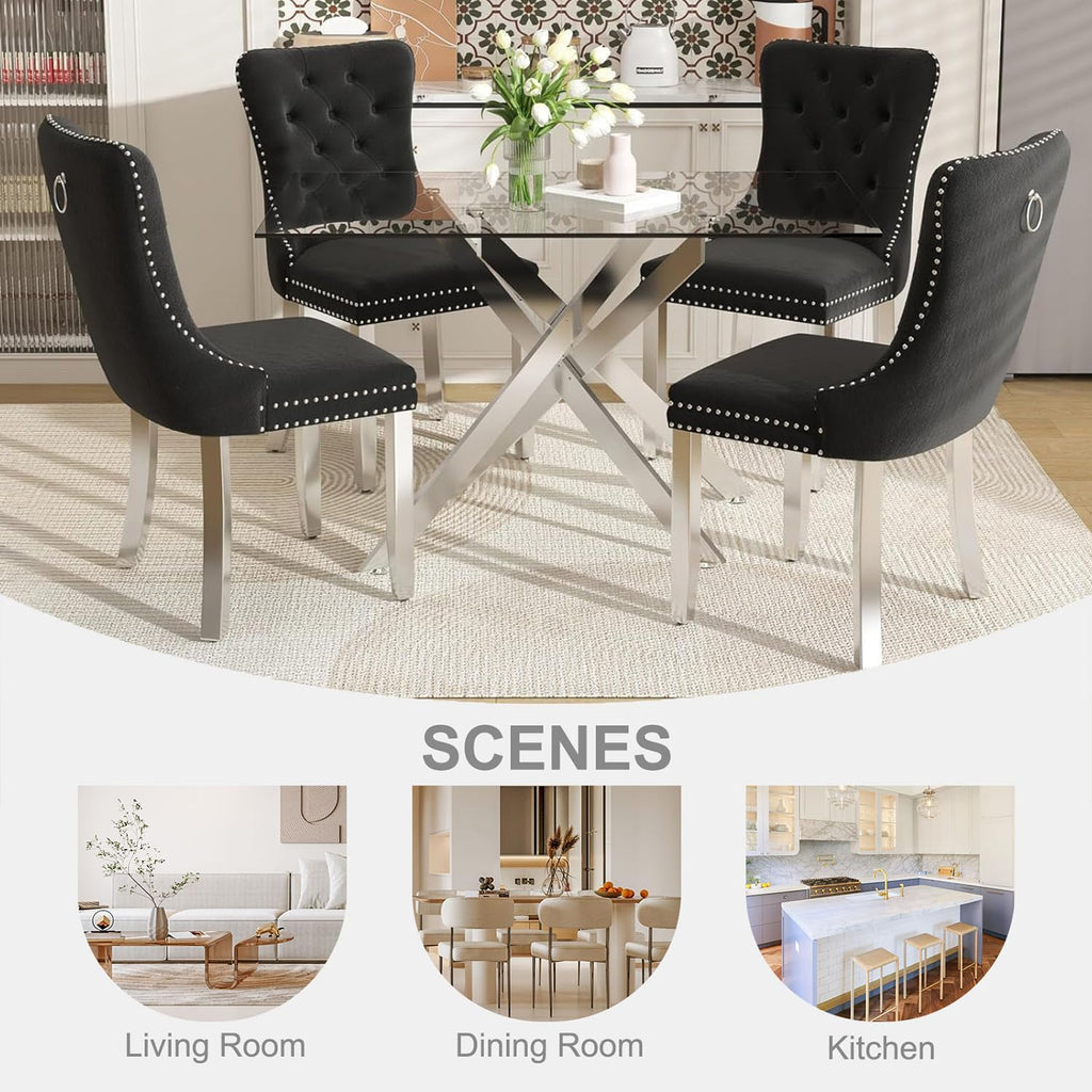 51 Inch Glass Dining Table Set for 4, Modern Rectangular Glass Kitchen Table with 4 Upholstered Velvet Chairs, Space-Saving Dining Room Set for Living Room, Kitchen, Apartment - Black Silver